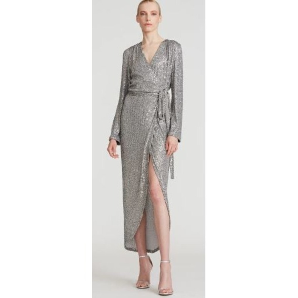 Halstonβ Sz 16 Sheath Dress Maxi Falan Sequin Cocktail Silver Faux Wrap Prom